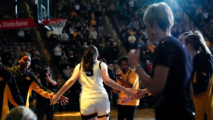 Iowa center Ava Heiden (5) is announced in the starting lineup against the Lindenwood Lions Dec. 13, 2025 at Carver-Hawkeye Arena in Iowa City, Iowa.