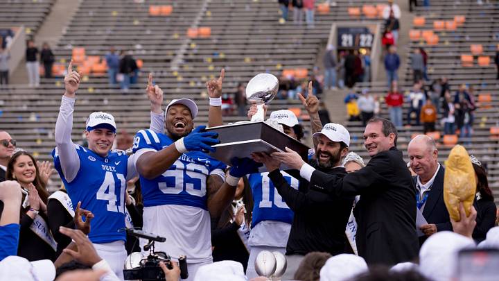 Manny Diaz, head football coach at Duke, celebrates a 42-29 win with his team against Arizona State in the Tony the Tiger Sun Bowl at Sun Bowl Stadium in El Paso, Texas, on Wednesday, Dec. 31, 2025. Manny Diaz, head football coach at Duke, celebrates a 42-29 win with his team against Arizona State in the Tony the Tiger Sun Bowl at Sun Bowl Stadium in El Paso, Texas, on Wednesday, Dec. 31, 2025.