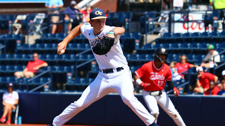 May 30, 2025; Oxford, MS, USA;  Georgia Tech Yellowjackets starting pitcher Tate McKee (22) pitches during the first inning against the Western Kentucky Hilltoppers. Mandatory Credit: Petre Thomas-Imagn Images
