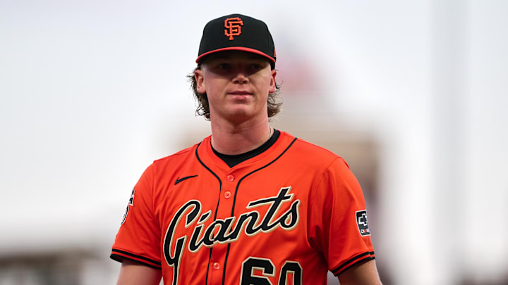 Jun 6, 2025; San Francisco, California, USA; San Francisco Giants starting pitcher Hayden Birdsong (60) walks to the dugout after the third inning against the Atlanta Braves at Oracle Park. Mandatory Credit: Robert Edwards-Imagn Images