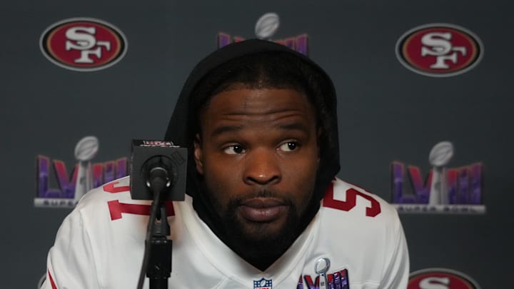 San Francisco 49ers linebacker Dre Greenlaw during a press conference before Super Bowl LVIII. San Francisco 49ers linebacker Dre Greenlaw during a press conference before Super Bowl LVIII.