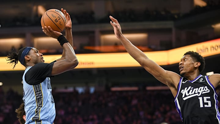 Feb 4, 2026; Sacramento, California, USA; Memphis Grizzlies forward Olivier-Maxence Prosper (18) shoots against the Sacramento Kings during the first quarter at Golden 1 Center. Mandatory Credit: Ed Szczepanski-Imagn Images