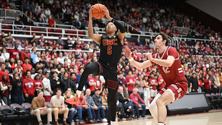 Feb 10, 2024; Stanford, California, USA; USC Trojans guard Boogie Ellis (5) drives to the basket