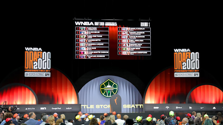 Apr 13, 2026; New York, NY, USA;  WNBA General view of the draft board after the first round of the 2026 WNBA Draft at The Shed at Hudson Yards. Mandatory Credit: Brad Penner-Imagn Images
