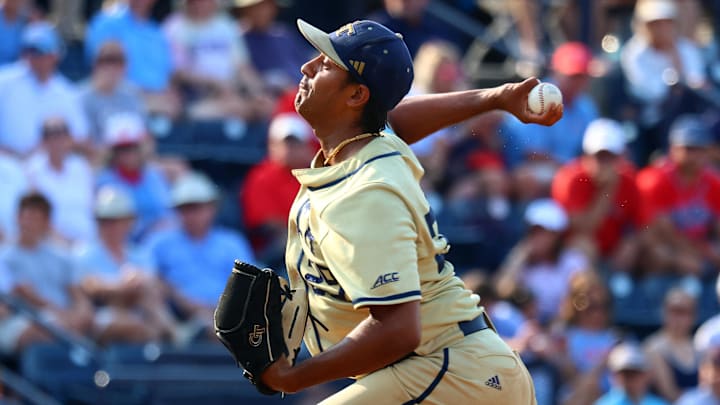 Jun 1, 2025; Oxford, MS, USA; Georgia Tech Yellowjackets pitcher Mason Patel (29) pitches during the eighth inning against the Mississippi Rebels. Mandatory Credit: Petre Thomas-Imagn Images