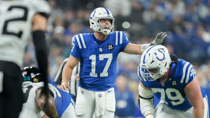 Indianapolis Colts quarterback Philip Rivers (17) yells at the line of scrimmage Sunday, Dec. 28, 2025, during a game against the Jacksonville Jaguars at Lucas Oil Stadium in Indianapolis.