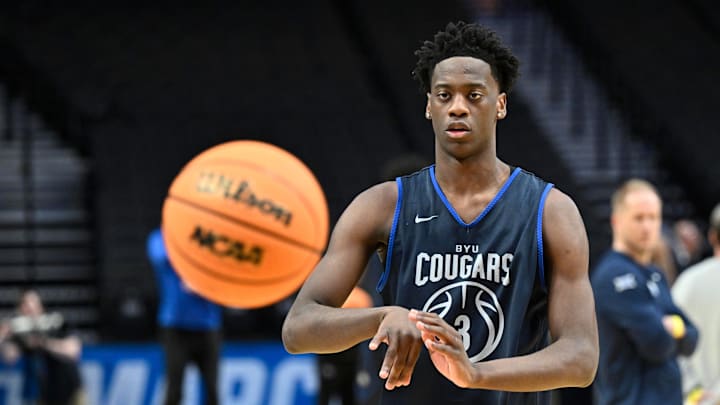Mar 18, 2026; Portland, OR, USA; BYU Cougars forward AJ Dybantsa (3) passes the ball during a practice session ahead of the first round of the men's 2026 NCAA Tournament at Moda Center. Mandatory Credit: Craig Strobeck-Imagn Images