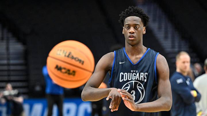 Mar 18, 2026; Portland, OR, USA; BYU Cougars forward AJ Dybantsa (3) passes the ball during a practice session ahead of the first round of the men's 2026 NCAA Tournament at Moda Center. Mandatory Credit: Craig Strobeck-Imagn Images