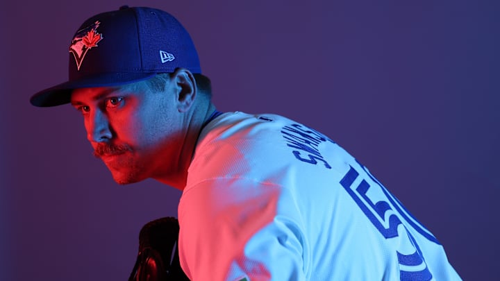 Toronto Blue Jays pitcher Erik Swanson (50) participates in media day at the Blue Jays Player Development Complex on Feb 21.
