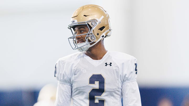 Notre Dame cornerback Leonard Moore during a Notre Dame football spring practice at Irish Athletic Center on Wednesday, March 19, 2025, in South Bend.
