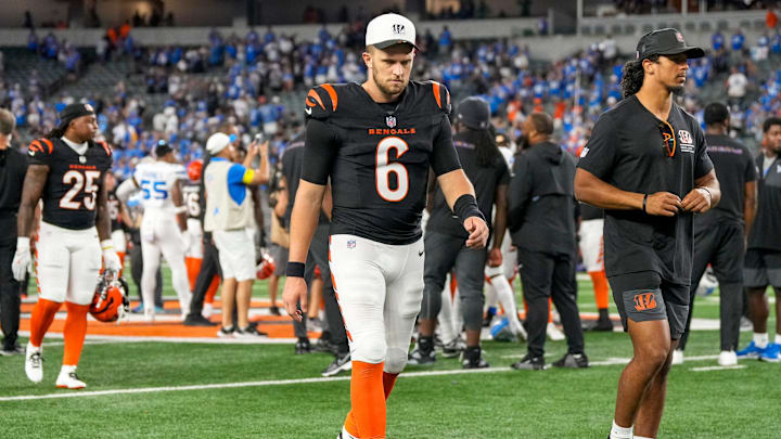Cincinnati Bengals quarterback Jake Browning (6) walks for the locker room shaking his head after the fourth quarter of the NFL Week 5 game between the Cincinnati Bengals and the Detroit Lions at Paycor Stadium in downtown Cincinnati on Sunday, Oct. 5, 2025. The Bengals continued a losing streak, falling 37-24 to the Lions.