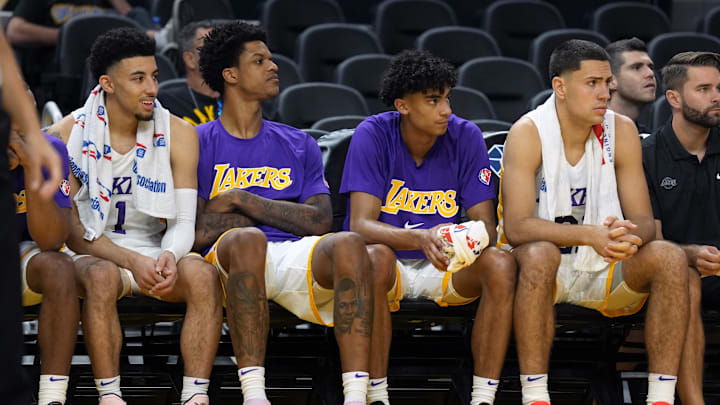 Jul 5, 2022; San Francisco, CA, USA; Los Angeles Lakers guard Scotty Pippen Jr. (1) sits on the bench with forward Shareef ONeal (45) and guard Max Christie (10) and forward Cole Swider (21) during the fourth quarter against the Sacramento Kings at the California Summer League at Chase Center. Mandatory Credit: Darren Yamashita-Imagn Images