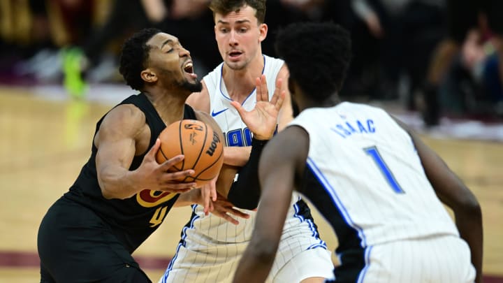 Apr 30, 2024; Cleveland, Ohio, USA; Cleveland Cavaliers guard Donovan Mitchell (45) drives to the Apr 30, 2024; Cleveland, Ohio, USA; Cleveland Cavaliers guard Donovan Mitchell (45) drives to the