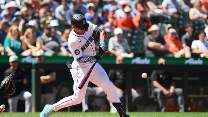 Seattle Mariners center fielder Julio Rodriguez swings during a game against the Baltimore Orioles on Thursday at T-Mobile Park.