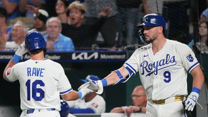 Aug 19, 2026; Kansas City, Missouri, USA; Kansas City Royals right fielder John Rave (16) celebrates with first baseman Vinnie Pasquantino (9) after hitting a three run double against the Athletics during the eighth inning at Kauffman Stadium. Mandatory Credit: Denny Medley-Imagn Images Aug 19, 2026; Kansas City, Missouri, USA; Kansas City Royals right fielder John Rave (16) celebrates with first baseman Vinnie Pasquantino (9) after hitting a three run double against the Athletics during the eighth inning at Kauffman Stadium. Mandatory Credit: Denny Medley-Imagn Images