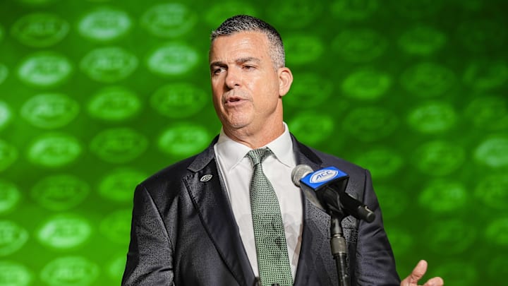 Jul 25, 2023; Charlotte, NC, USA;  Miami head coach Mario Cristobal answers questions during ACC Media Days at The Westin Charlotte. Mandatory Credit: Jim Dedmon-USA TODAY Sports