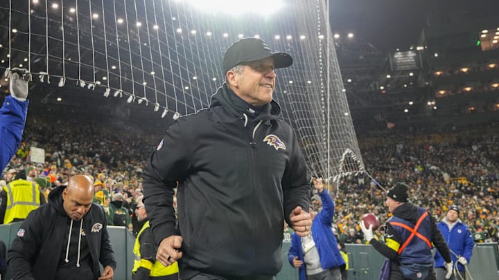 Dec 27, 2025; Green Bay, Wisconsin, USA; Baltimore Ravens head coach John Harbaugh prior to the game against the Green Bay Packers at Lambeau Field. Mandatory Credit: Jeff Hanisch-Imagn Images Dec 27, 2025; Green Bay, Wisconsin, USA; Baltimore Ravens head coach John Harbaugh prior to the game against the Green Bay Packers at Lambeau Field. Mandatory Credit: Jeff Hanisch-Imagn Images