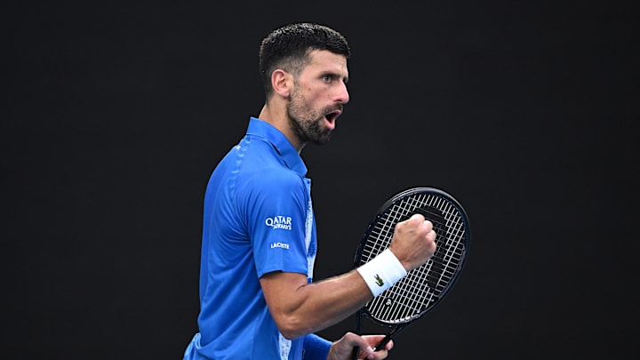 Novak Djokovic of Serbia reacts during his round four match against Jiri Lehecka of the The Czech Republic during the 2025 Australian Open at Melbourne Park in Melbourne, Sunday, January 19, 2025.