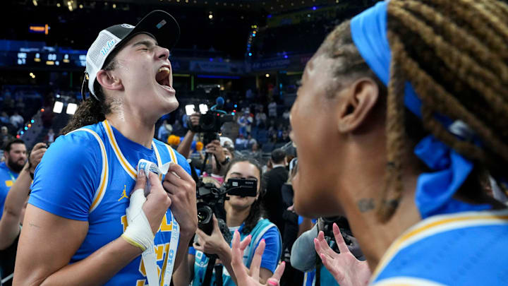 UCLA Bruins center Lauren Betts (51) reacts after her team defeats the USC Trojans during the 2025 TIAA Big Ten Women's Basketball Tournament final on Sunday, March 9, 2025, at Gainbridge Fieldhouse in Indianapolis. UCLA defeated USC 72-67. UCLA Bruins center Lauren Betts (51) reacts after her team defeats the USC Trojans during the 2025 TIAA Big Ten Women's Basketball Tournament final on Sunday, March 9, 2025, at Gainbridge Fieldhouse in Indianapolis. UCLA defeated USC 72-67.