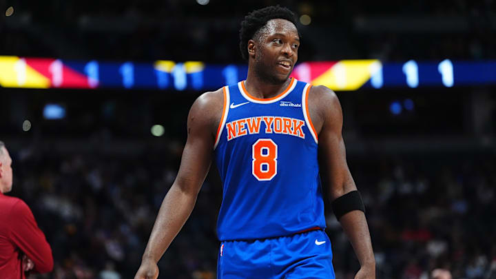 Nov 25, 2024; Denver, Colorado, USA; New York Knicks forward OG Anunoby (8) reacts in the second half against the Denver Nuggets at Ball Arena. Mandatory Credit: Ron Chenoy-Imagn Images