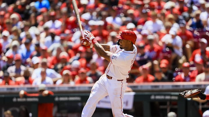 May 18, 2025; Cincinnati, Ohio, USA; Cincinnati Reds outfielder Will Benson (30) hits a two-run home run in the fourth inning against the Cleveland Guardians at Great American Ball Park. Mandatory Credit: Katie Stratman-Imagn Images