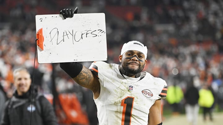 Dec 28, 2023; Cleveland, Ohio, USA; Cleveland Browns safety Juan Thornhill (1) celebrates after the Browns beat the New York Jets at Cleveland Browns Stadium. Mandatory Credit: Ken Blaze-Imagn Images