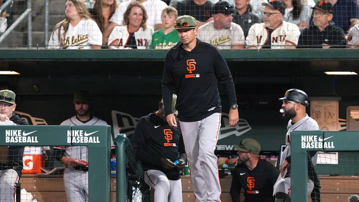 May 16, 2026; West Sacramento, California, USA; San Francisco Giants pitching coach Justin Meccage (center) during the eighth inning against the Athletics at Sutter Health Park. Mandatory Credit: Darren Yamashita-Imagn Images