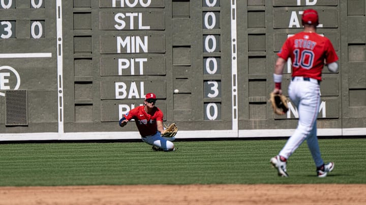 Feb 23, 2025; Fort Myers, Florida, USA; Boston Red Sox outfielder Roman Anthony (48) misses a fly ball in the second inning of their game against the Toronto Blue Jays at JetBlue Park at Fenway South. Mandatory Credit: Chris Tilley-Imagn Images