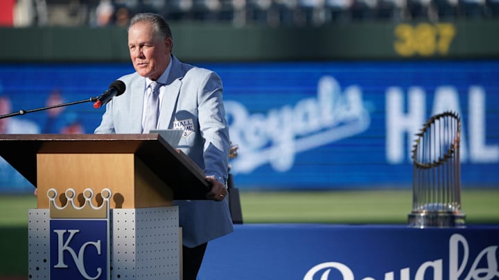 Sep 2, 2023; Kansas City, Missouri, USA; Former Kansas City Royals manager Ned Yost speaks during the Ned Yost Royals hall of Fame induction ceremony prior to a game against the Boston Red Sox at Kauffman Stadium. Mandatory Credit: Denny Medley-Imagn Images