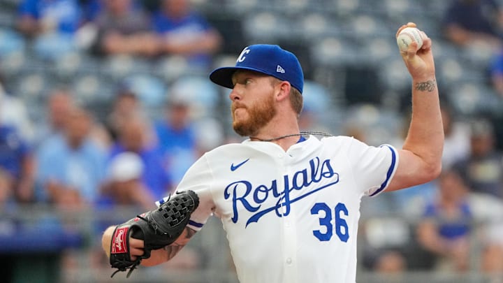 Aug 11, 2025; Kansas City, Missouri, USA; Kansas City Royals starting pitcher Bailey Falter (36) delivers a pitch against the Washington Nationals in the first inning at Kauffman Stadium. Mandatory Credit: Denny Medley-Imagn Images