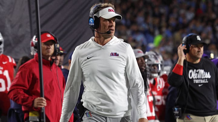 Nov 1, 2025; Oxford, Mississippi, USA; Mississippi Rebels head coach Lane Kiffin looks on during the first quarter against the South Carolina Gamecocks at Vaught-Hemingway Stadium. Mandatory Credit: Petre Thomas-Imagn Images
