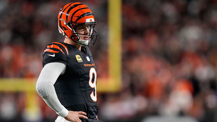 Cincinnati Bengals quarterback Joe Burrow (9) paces between plays in the second quarter of the NFL Week 17 game between the Cincinnati Bengals and the Denver Broncos at Paycor Stadium in downtown Cincinnati on Saturday, Dec. 28, 2024.