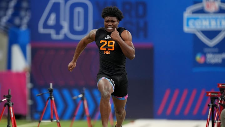 Mar 1, 2025; Indianapolis, IN, USA; SMU running back Brashard Smith (RB29) during the 2025 NFL Combine at Lucas Oil Stadium. Mandatory Credit: Kirby Lee-Imagn Images