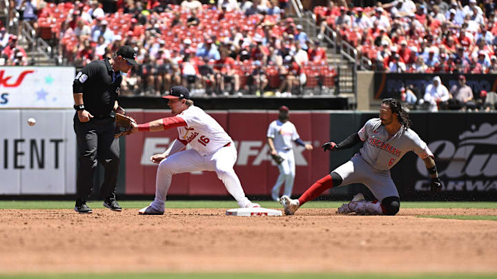 Jun 30, 2024; St. Louis, Missouri, USA; Cincinnati Reds second baseman Jonathan India (6) is safe from St. Louis Cardinals second baseman Nolan Gorman (16) after hitting a double during the third inning at Busch Stadium. Mandatory Credit: Jeff Le-USA TODAY Sports Jun 30, 2024; St. Louis, Missouri, USA; Cincinnati Reds second baseman Jonathan India (6) is safe from St. Louis Cardinals second baseman Nolan Gorman (16) after hitting a double during the third inning at Busch Stadium. Mandatory Credit: Jeff Le-USA TODAY Sports