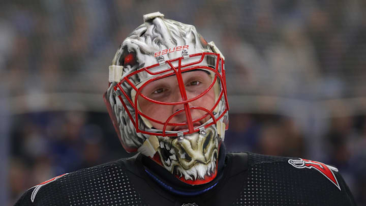 Mar 30, 2024; Buffalo, New York, USA;  Buffalo Sabres goaltender Ukko-Pekka Luukkonen (1) during a