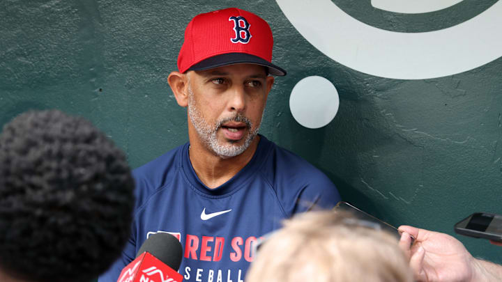 Mar 27, 2025; Arlington, Texas, USA; Boston Red Sox manager Alex Cora (13) talks to the media before the game against the Texas Rangers at Globe Life Field. Mandatory Credit: Tim Heitman-Imagn Images
