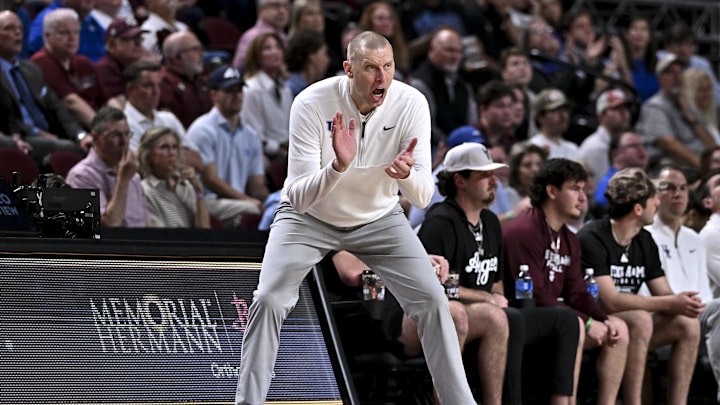 Mar 3, 2026; College Station, Texas, USA; Kentucky Wildcats head coach Mark Pope reacts during the second half against the Texas A&M Aggies at Reed Arena. Mandatory Credit: Maria Lysaker-Imagn Images 