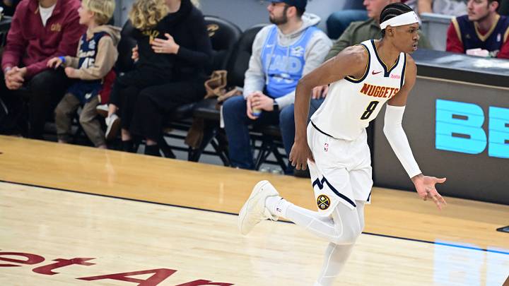 Jan 2, 2026; Cleveland, Ohio, USA; Denver Nuggets guard Peyton Watson (8) reacts after making a three point basket during the first half against the Cleveland Cavaliers at Rocket Arena. Mandatory Credit: David Dermer-Imagn Images Jan 2, 2026; Cleveland, Ohio, USA; Denver Nuggets guard Peyton Watson (8) reacts after making a three point basket during the first half against the Cleveland Cavaliers at Rocket Arena. Mandatory Credit: David Dermer-Imagn Images