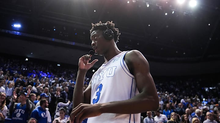 Mar 7, 2026; Provo, Utah, USA; BYU Cougars forward AJ Dybantsa (3) speaks to broadcast crews after a win over the Texas Tech Red Raiders at Marriott Center. Mandatory Credit: Aaron Baker-Imagn Images