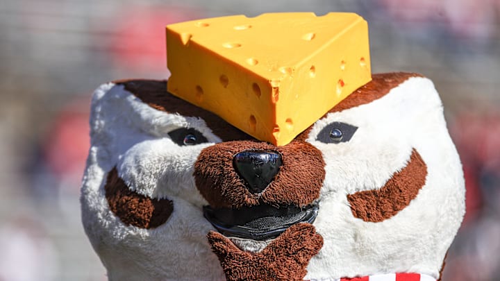Oct 12, 2024; Piscataway, New Jersey, USA; Wisconsin Badgers mascot, Bucky Badger, wears a chess head hat during the second half against the Rutgers Scarlet Knights at SHI Stadium. Mandatory Credit: Vincent Carchietta-Imagn Images