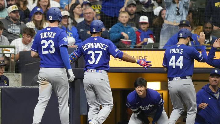 May 23, 2026; Milwaukee, Wisconsin, USA; Los Angeles Dodgers left fielder Teoscar Hernandez (37) celebrates with designated hitter Shohei Ohtani (17) after hitting a home run during the fourth inning against the Milwaukee Brewers at American Family Field. Mandatory Credit: Jeff Hanisch-Imagn Images May 23, 2026; Milwaukee, Wisconsin, USA; Los Angeles Dodgers left fielder Teoscar Hernandez (37) celebrates with designated hitter Shohei Ohtani (17) after hitting a home run during the fourth inning against the Milwaukee Brewers at American Family Field. Mandatory Credit: Jeff Hanisch-Imagn Images