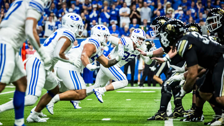 The BYU defensive line against Colorado in the Alamo Bowl