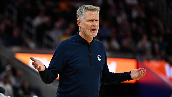 Dec 23, 2024; San Francisco, California, USA; Golden State Warriors head coach Steve Kerr reacts to a call against the Indiana Pacers in the fourth quarter at Chase Center. Mandatory Credit: Eakin Howard-Imagn Images