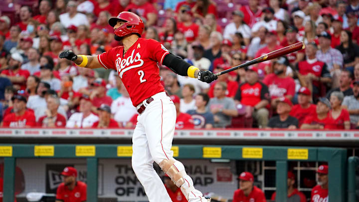 Reds outfielder Nick Castellanos hits a home run.