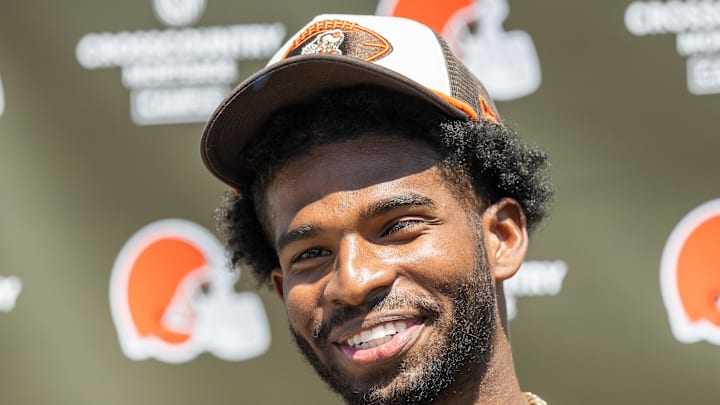 May 10, 2025; Berea, OH, USA; Cleveland Browns quarterback Shedeur Sanders (12) talks to the media during rookie minicamp at CrossCountry Mortgage Campus. Mandatory Credit: Ken Blaze-Imagn Images