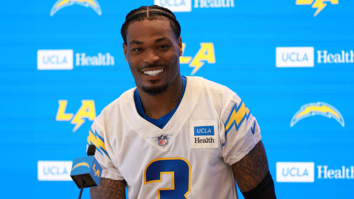 Jul 24, 2024; El Segundo, CA, USA; Los Angeles Chargers safety Derwin James Jr. (3) speaks to the media after the first day of training camp at The Bolt. Mandatory Credit: Kiyoshi Mio-USA TODAY Sports Jul 24, 2024; El Segundo, CA, USA; Los Angeles Chargers safety Derwin James Jr. (3) speaks to the media after the first day of training camp at The Bolt. Mandatory Credit: Kiyoshi Mio-USA TODAY Sports