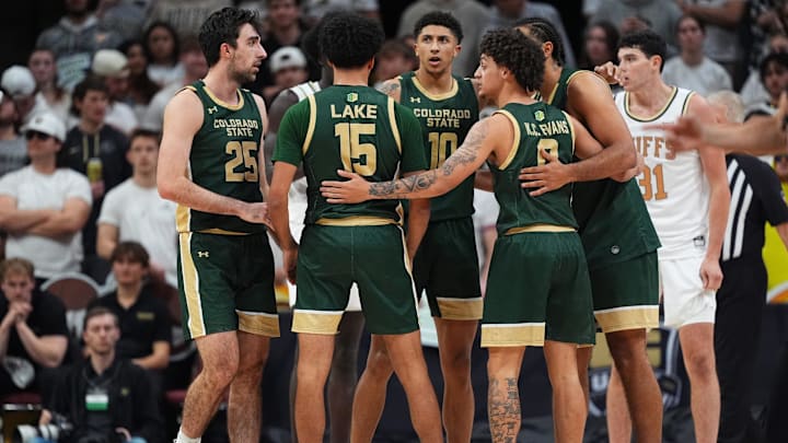 Dec 7, 2024; Boulder, Colorado, USA; Colorado State Rams guard Ethan Morton (25) and guard Jalen Lake (15) and guard Nique Clifford (10) and guard Kyan Evans (0) and forward Rashaan Mbemba (21) huddle in the second half against the Colorado Buffaloes at CU Events Center. Mandatory Credit: Ron Chenoy-Imagn Images