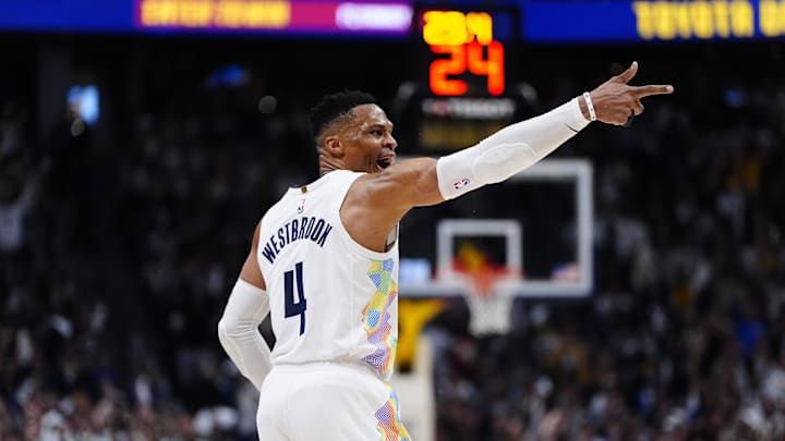 Apr 29, 2025; Denver, Colorado, USA; Denver Nuggets guard Russell Westbrook (4) reacts in the fourth quarter against the LA Clippers during game five of the first round for the 2025 NBA Playoffs at Ball Arena. Mandatory Credit: Ron Chenoy-Imagn Images Apr 29, 2025; Denver, Colorado, USA; Denver Nuggets guard Russell Westbrook (4) reacts in the fourth quarter against the LA Clippers during game five of the first round for the 2025 NBA Playoffs at Ball Arena. Mandatory Credit: Ron Chenoy-Imagn Images
