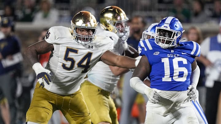 Sep 30, 2023; Durham, North Carolina, USA; Notre Dame Fighting Irish offensive lineman Blake Fisher (54)