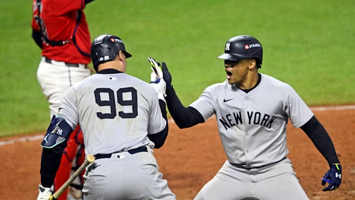 Aaron Judge and Juan Soto celebrate the latter's home run during Game 5 of the ALCS on Oct. 19, 2024.